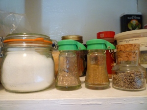 Spices are very happy in their reused containers.