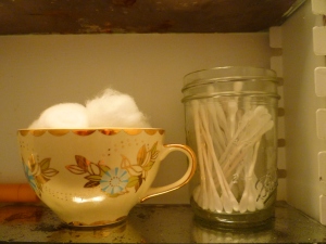 Storing cotton balls and swabs in mason jars and teacups